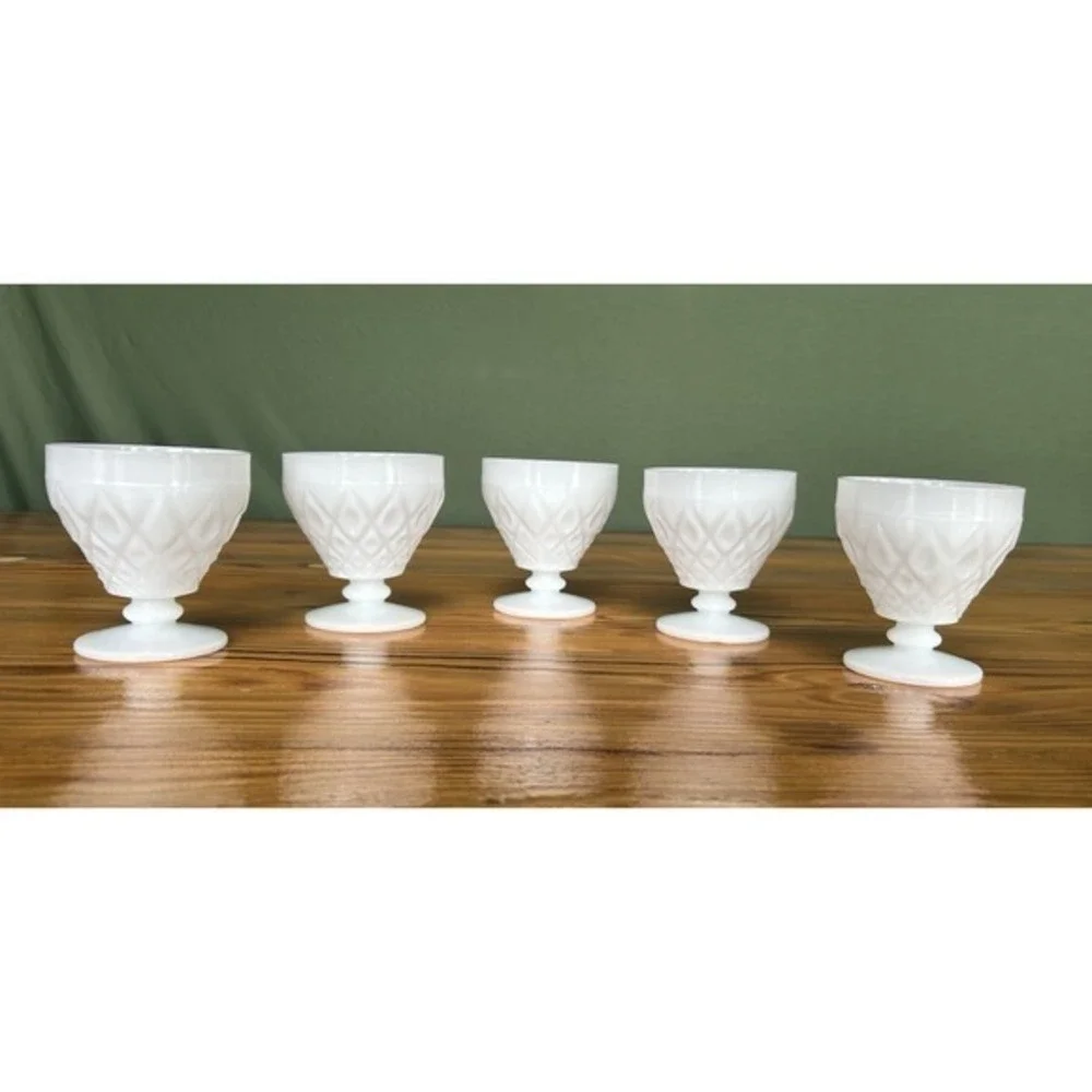 5-PC‎ Milk Glass Footed Drinking Goblet Cups Diamond Geometric 3D Design